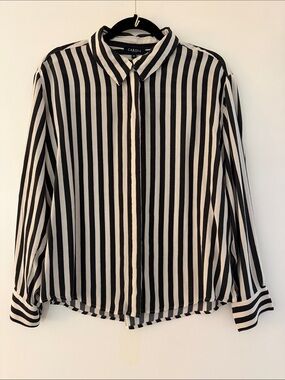 Caroll Paris Striped Button Front Blouse Size 40 (US 8) Black Ivory French